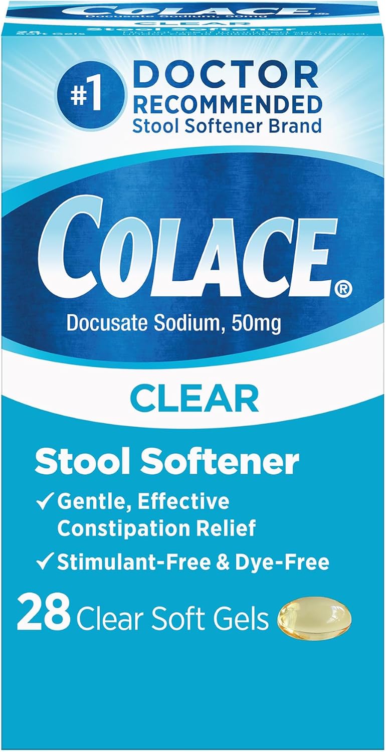 COLACE Clear Stool Softener Soft Gel Capsules Constipation Relief 50mg Docusate Sodium Doctor Recommended 28ct - Image 1